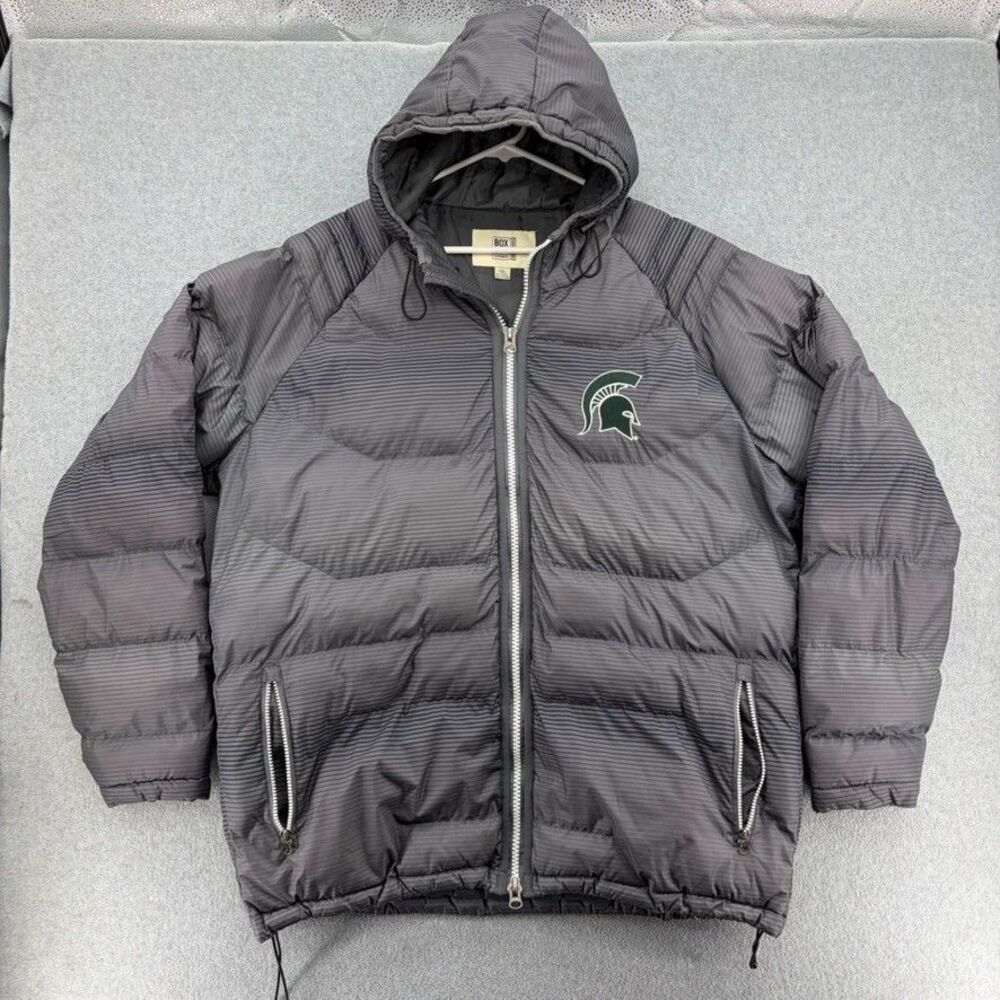 Michigan State Spartans Puffer Jacket Mens 2XL Gray Box Seat Hooded NCAA MSU Y2K